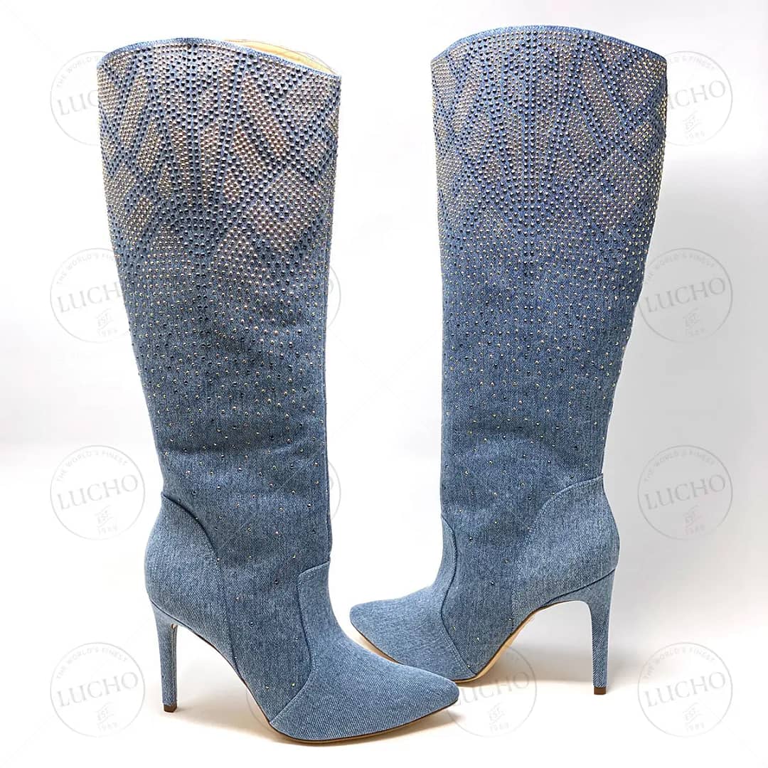 Sparkling Blue Jeans Pointed Toe Knee-high Boot
